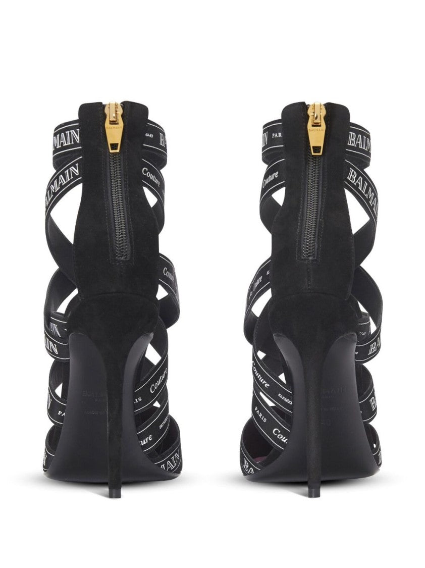 Balmain Black Logo Print Stiletto Suede Sandals