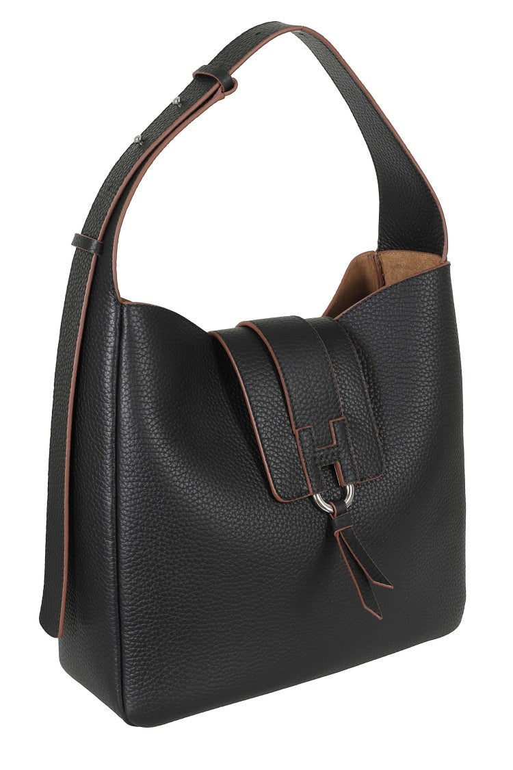 Hogan Structured Black Pebbled Leather Bag With Adjustable Shoulder Strap