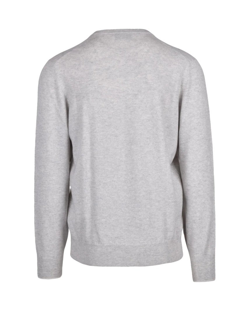 Brunello Cucinelli Light Grey Cashmere V-Neck Sweater With Ribbed Detail
