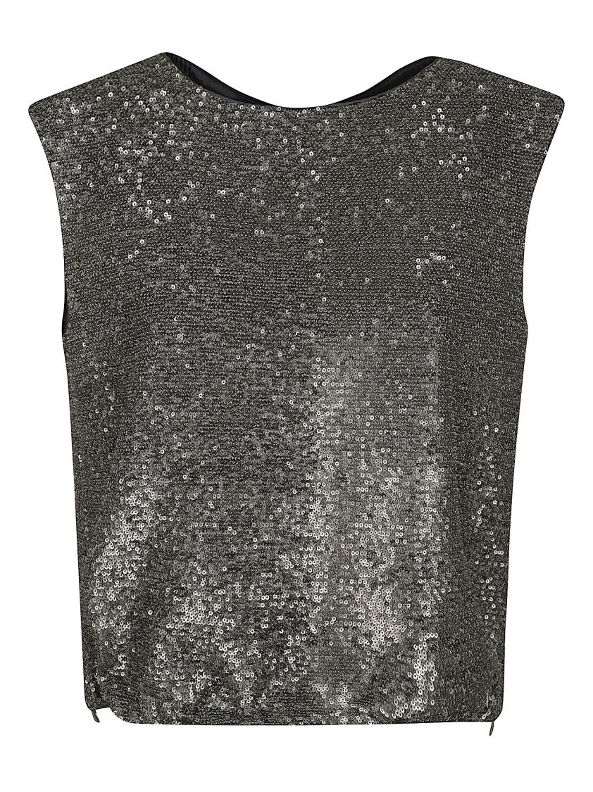 Herno Sequined Tulle Top With Boat Neck And Adjustable Drawstrings