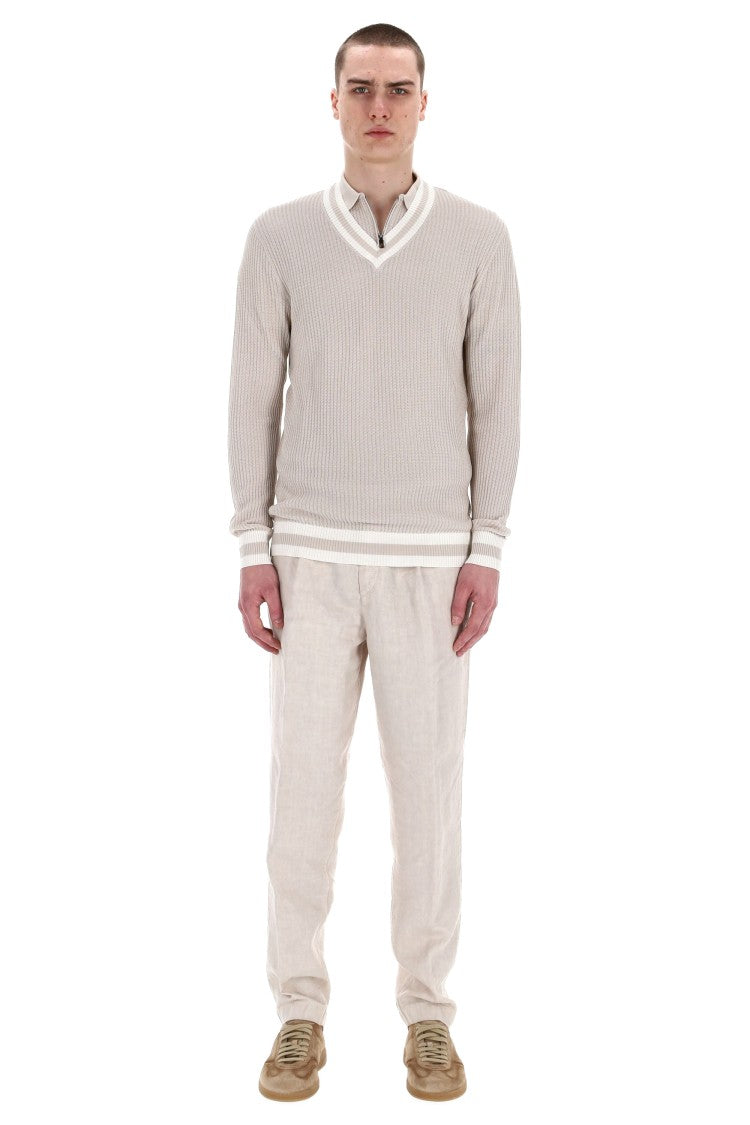 Eleventy V-Neck Cotton Sweater With Contrast Trim