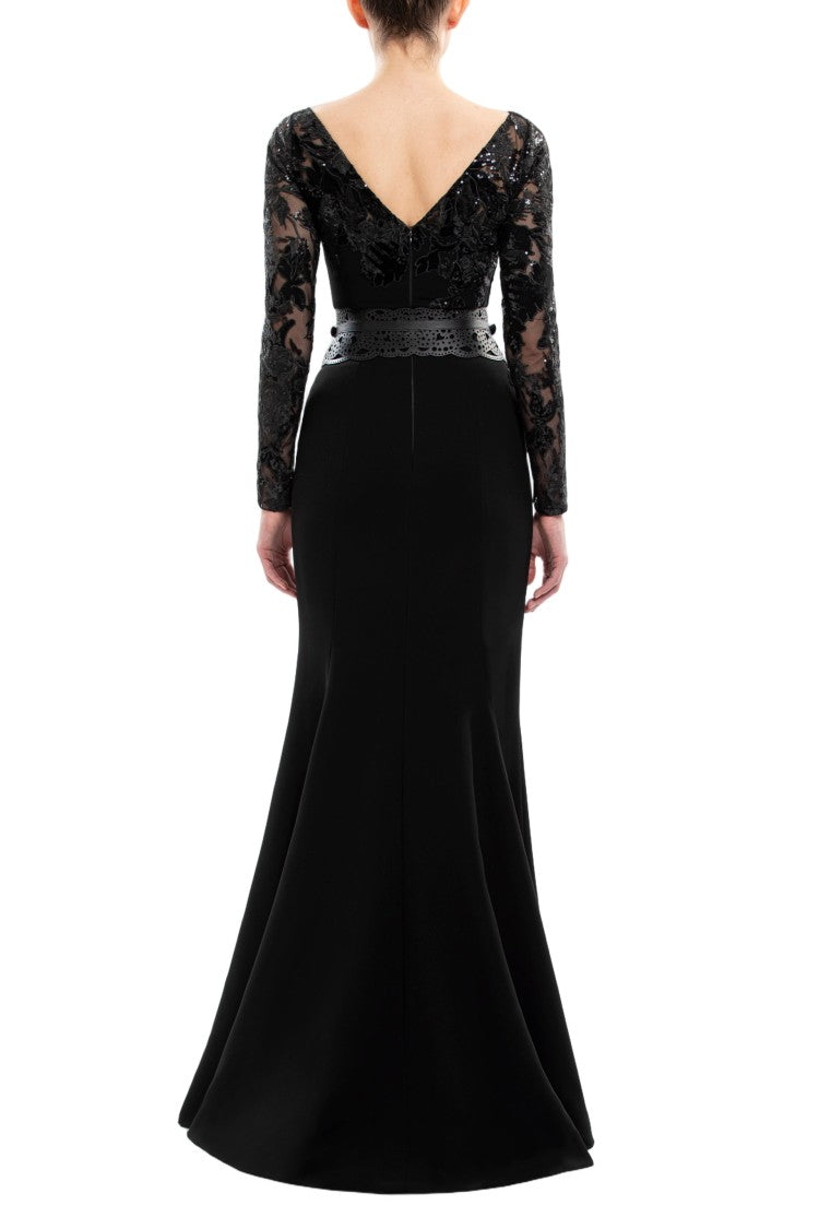 Saiid Kobeisy Embroidered Crepe Dress With Leather Belt