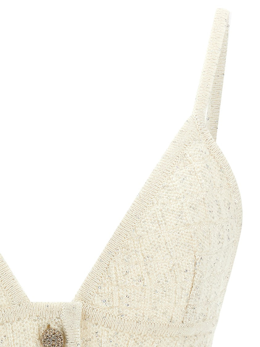 Alessandra Rich Triangle-Cut Wool Blend Top With Micro Sequin Appliqué