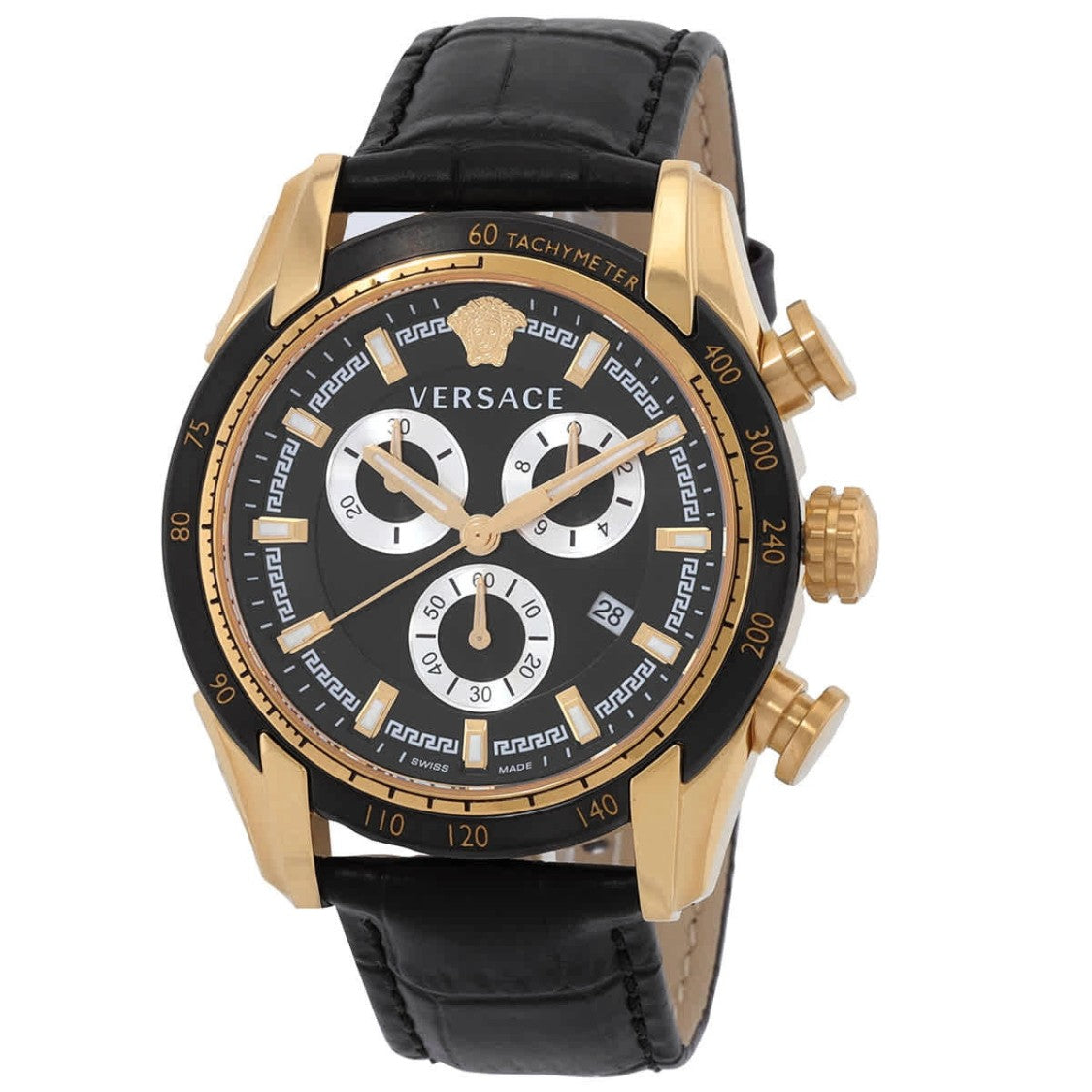 Versace Bold Round Dial Watch With Textured Leather Strap