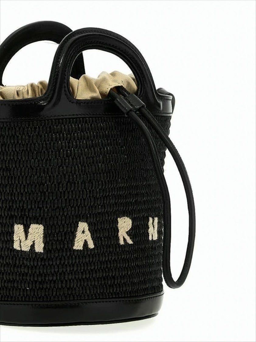 Marni Textured Black Woven Crossbody Bag With Embroidered Detailing