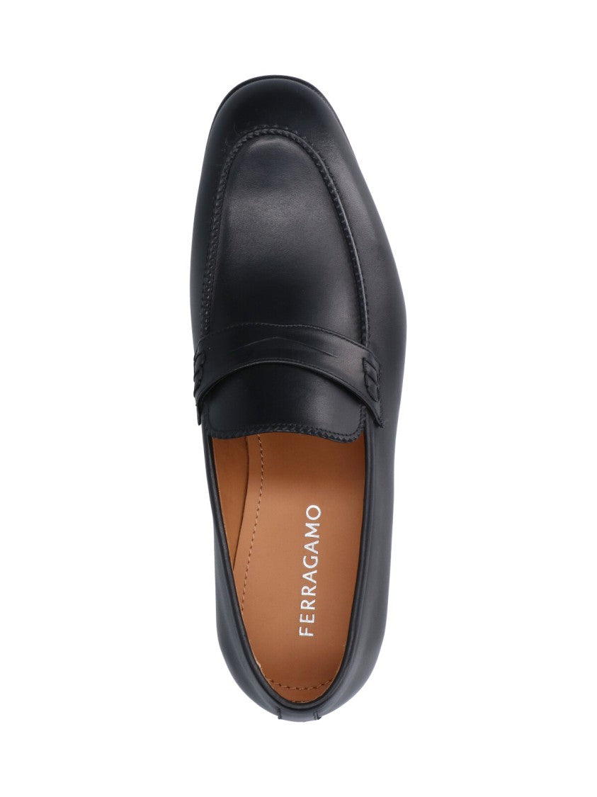 Ferragamo Black Round Toe Smooth Leather Loafers