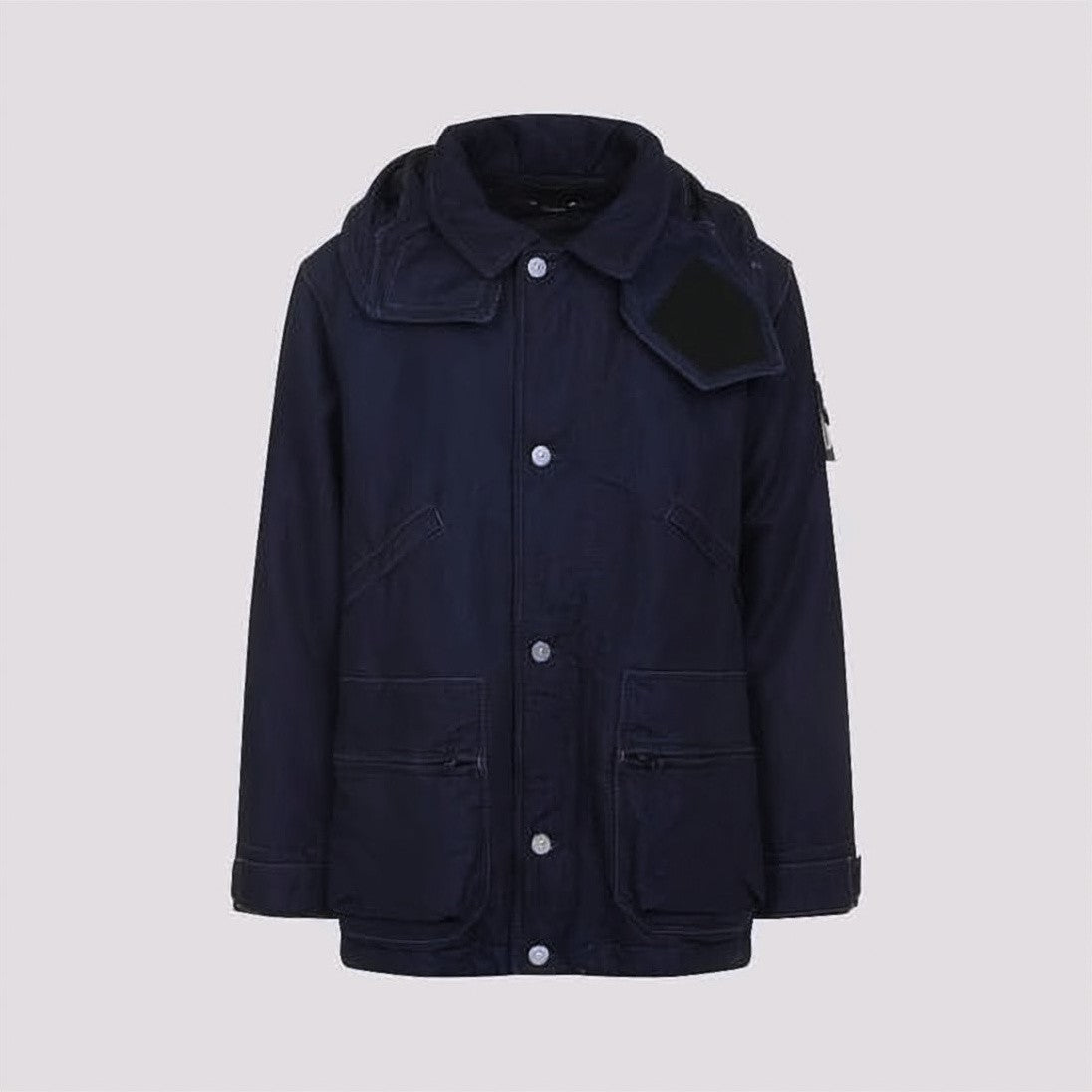 Stone Island Navy Padded Jacket With Structured Collar And Detachable Hood