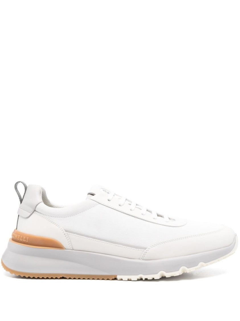 Brunello Cucinelli Low-Profile White Sneakers With Tan Accents And Grey Pull Tab
