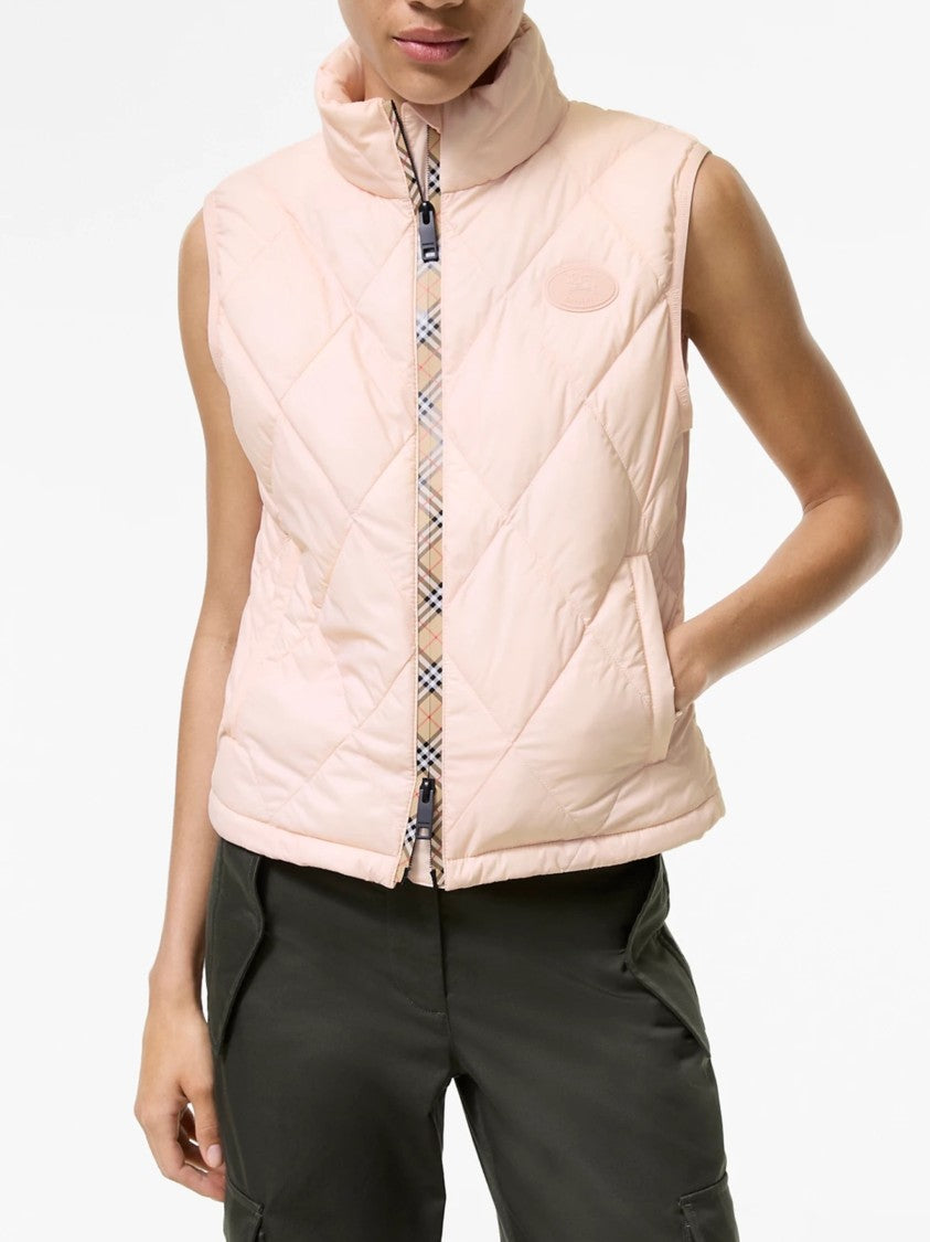 Burberry Quilted Sleeveless Vest With High Collar And Check Detail