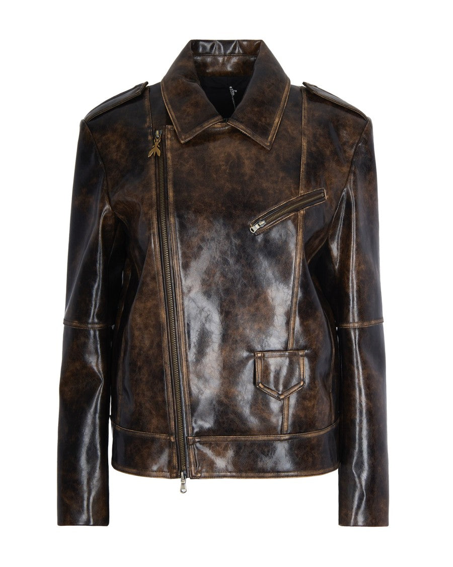 Patrizia Pepe Brown Oversized Coated Fabric Biker Jacket