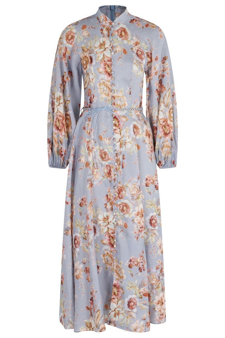Zimmermann Blue Awaken Billow Floral V-Neck Linen Midi Dress
