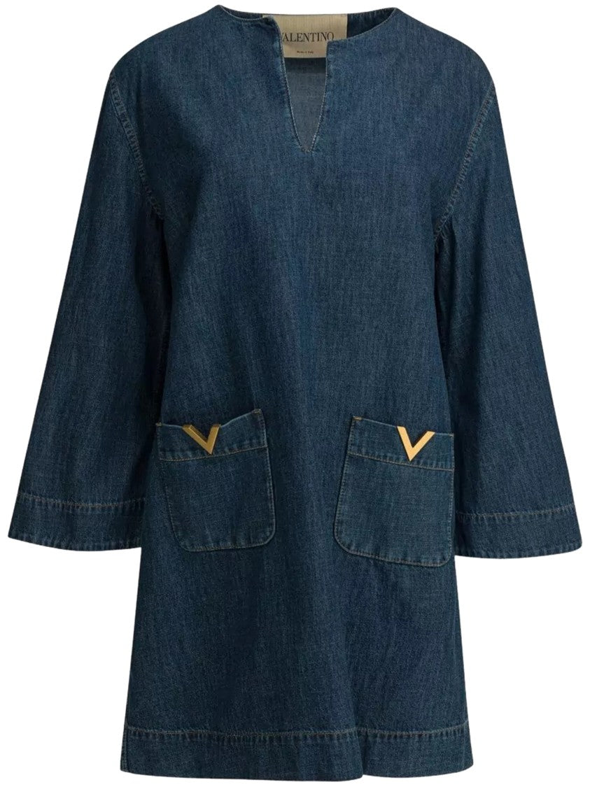 Valentino Indigo V-Notch Neckline Denim Tunic Dress