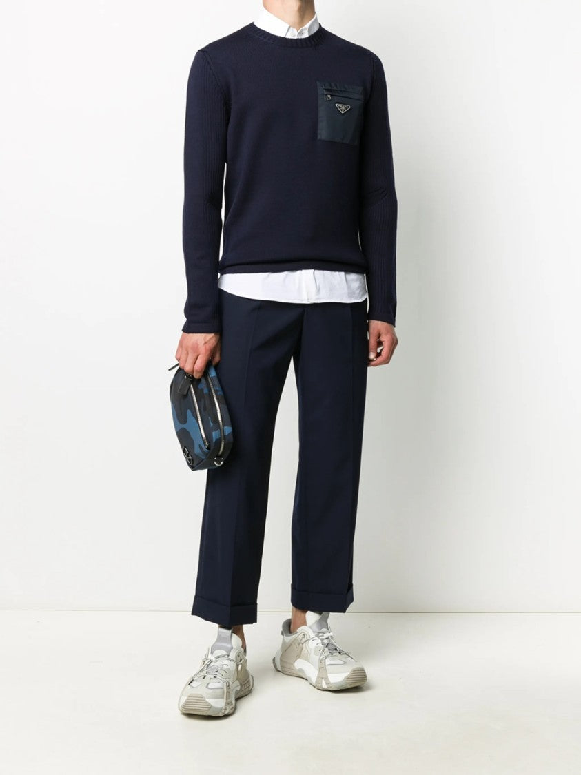 Prada Navy Blue Knit Sweater With Zippered Chest Pocket