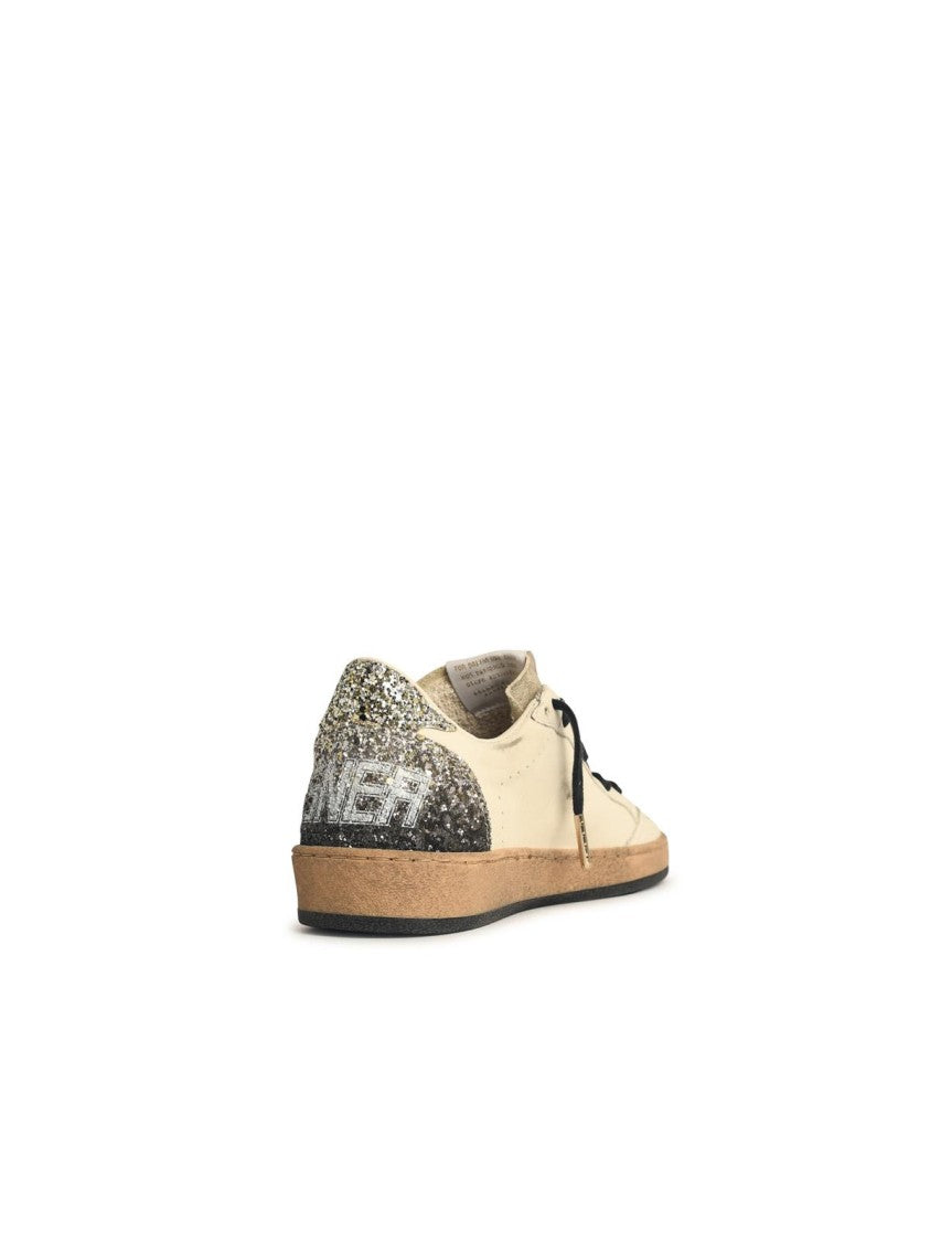 Golden Goose Ball-Star' White Leather Sneakers With Glitter Star