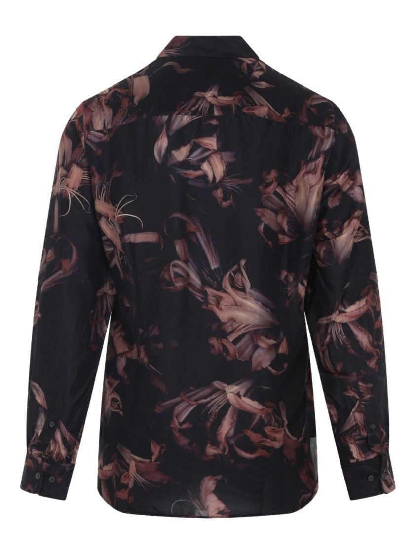 Dries Van Noten Black Silk Floral Print Button Shirt