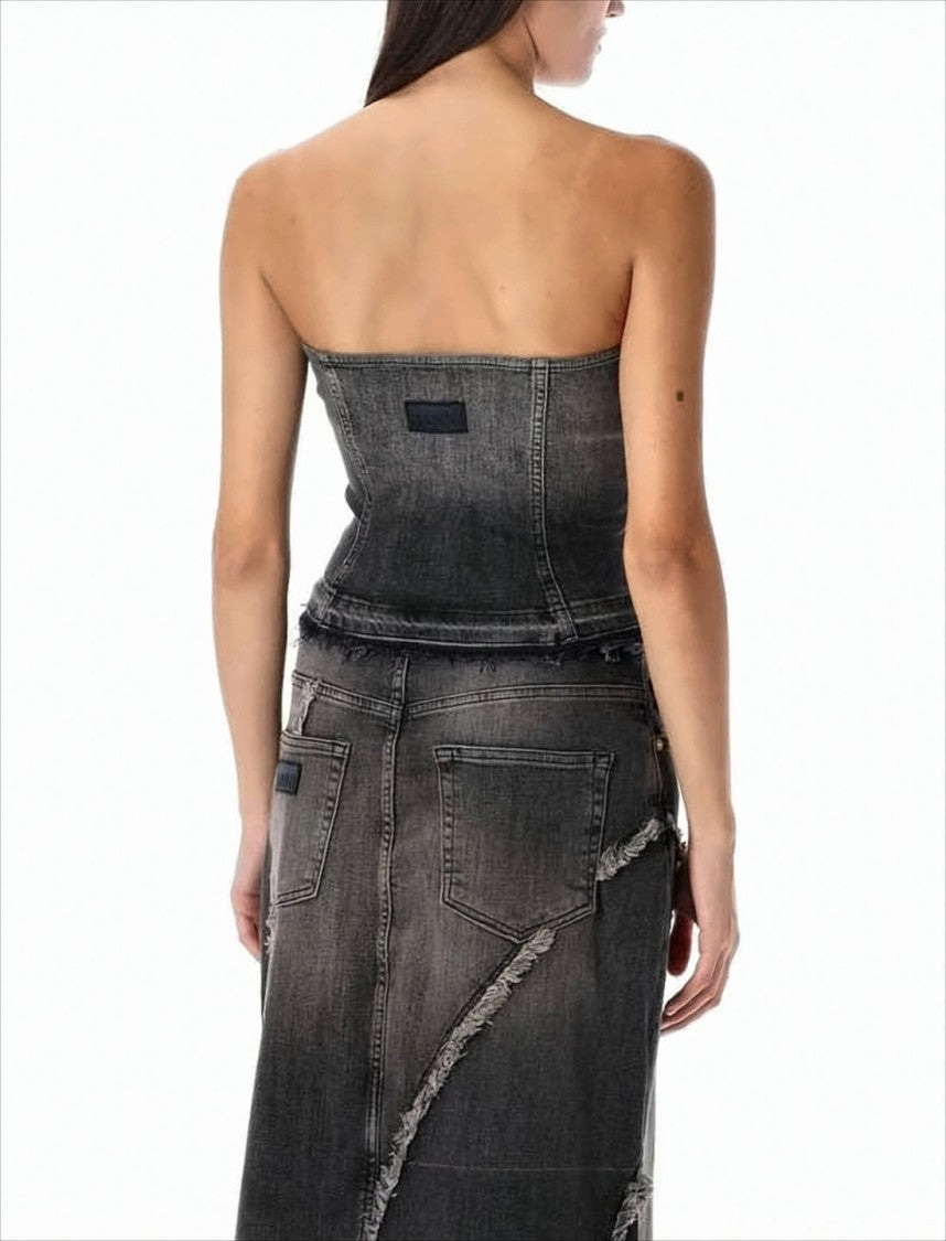 Ganni Sleeveless Denim Top With Frayed Edges And Metallic Buttons