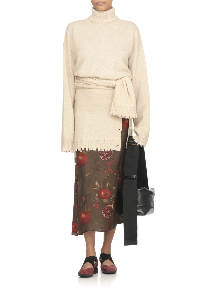 Uma Wang Beige High Neck Cashmere Sweater With Distressed Hem