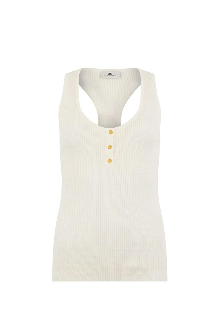 Elisabetta Franchi Ivory Button Placket Racerback Lyocell-Blend Tank Top