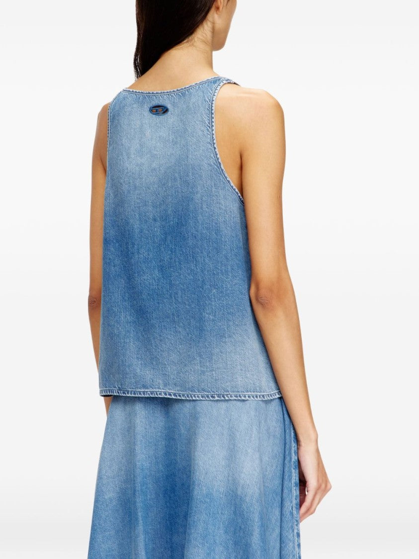 Diesel Faded Blue Denim Tank Top With Raw-Edge Detailing