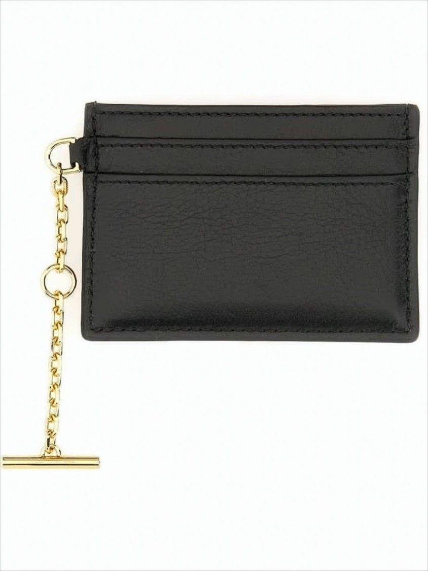 Alexander Mcqueen Rectangular Black Leather Card Wallet With Gold-Tone Chain