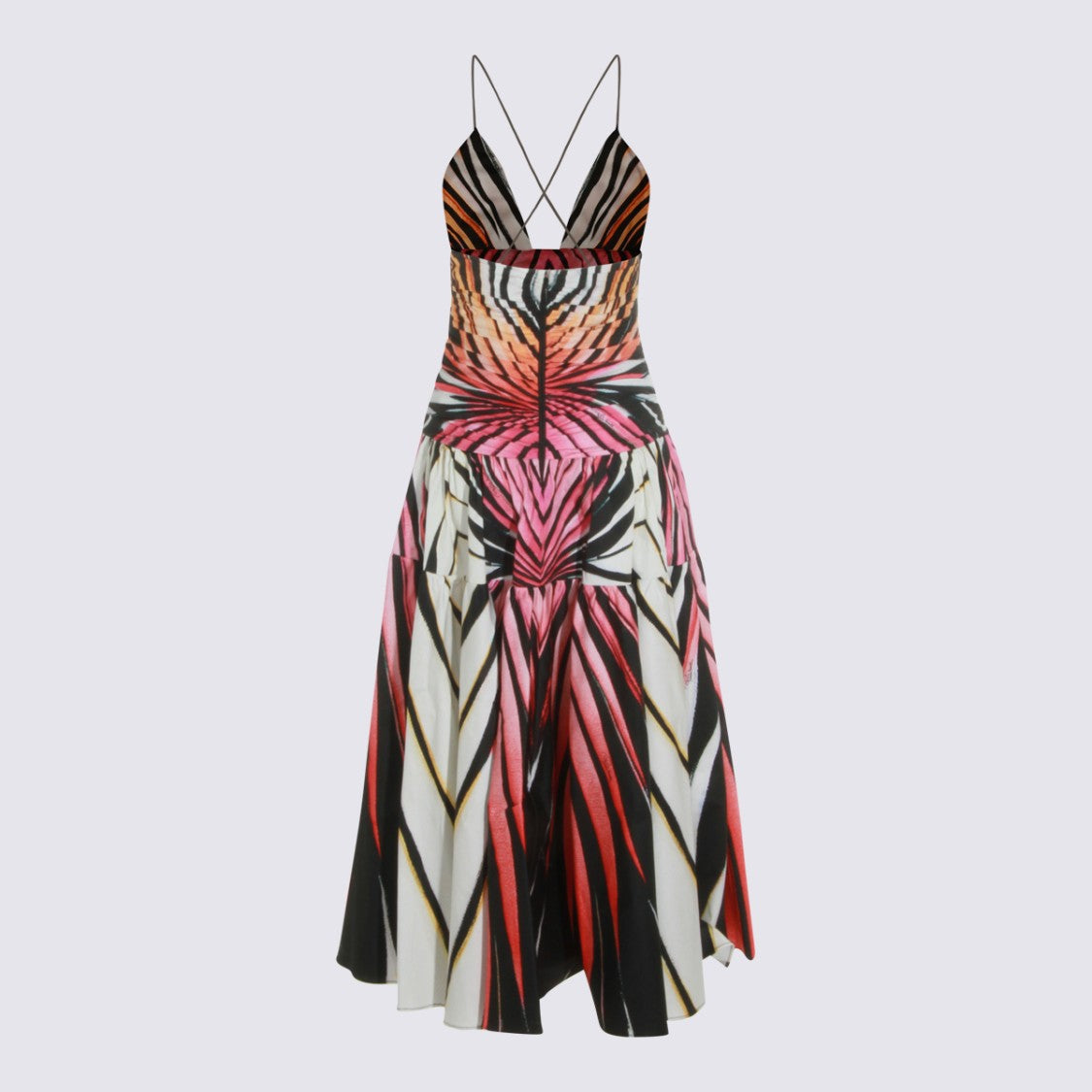 Roberto Cavalli Vibrant Midi Dress With Geometric Pattern And Flared Skirt