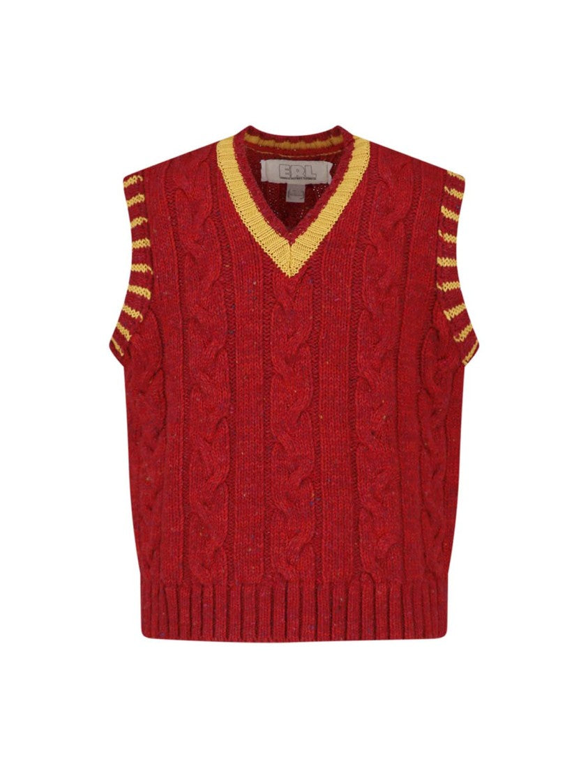 Erl Vibrant Red Cable Knit Vest With Contrast Trim