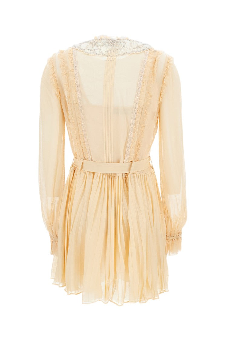 Self-Portrait Pleated Georgette Mini Dress With Embellished Collar And Jewelled Detailing