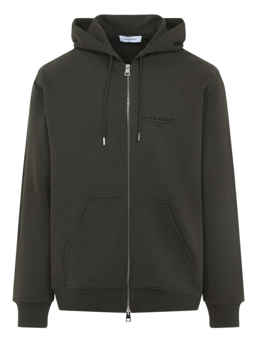 Givenchy Khaki Hooded Zip Front Embroidered Hoodies