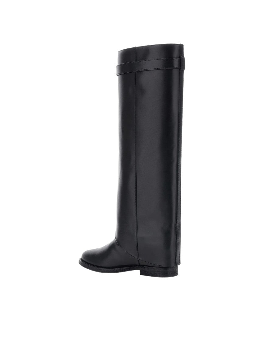 Via Roma 15 Santa Monica Pointed Toe Fold-Over Cuff Black Leather Boots