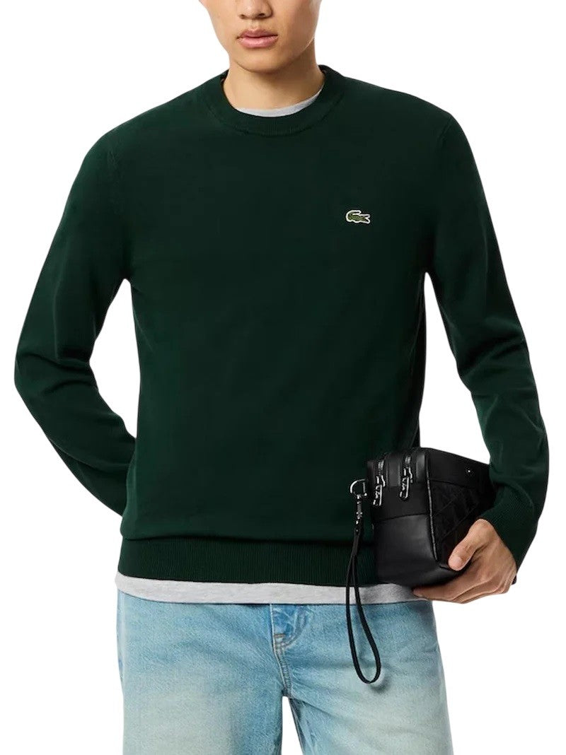 Lacoste Crewneck Knit Sweater In Deep Green Wool-Polyester Blend