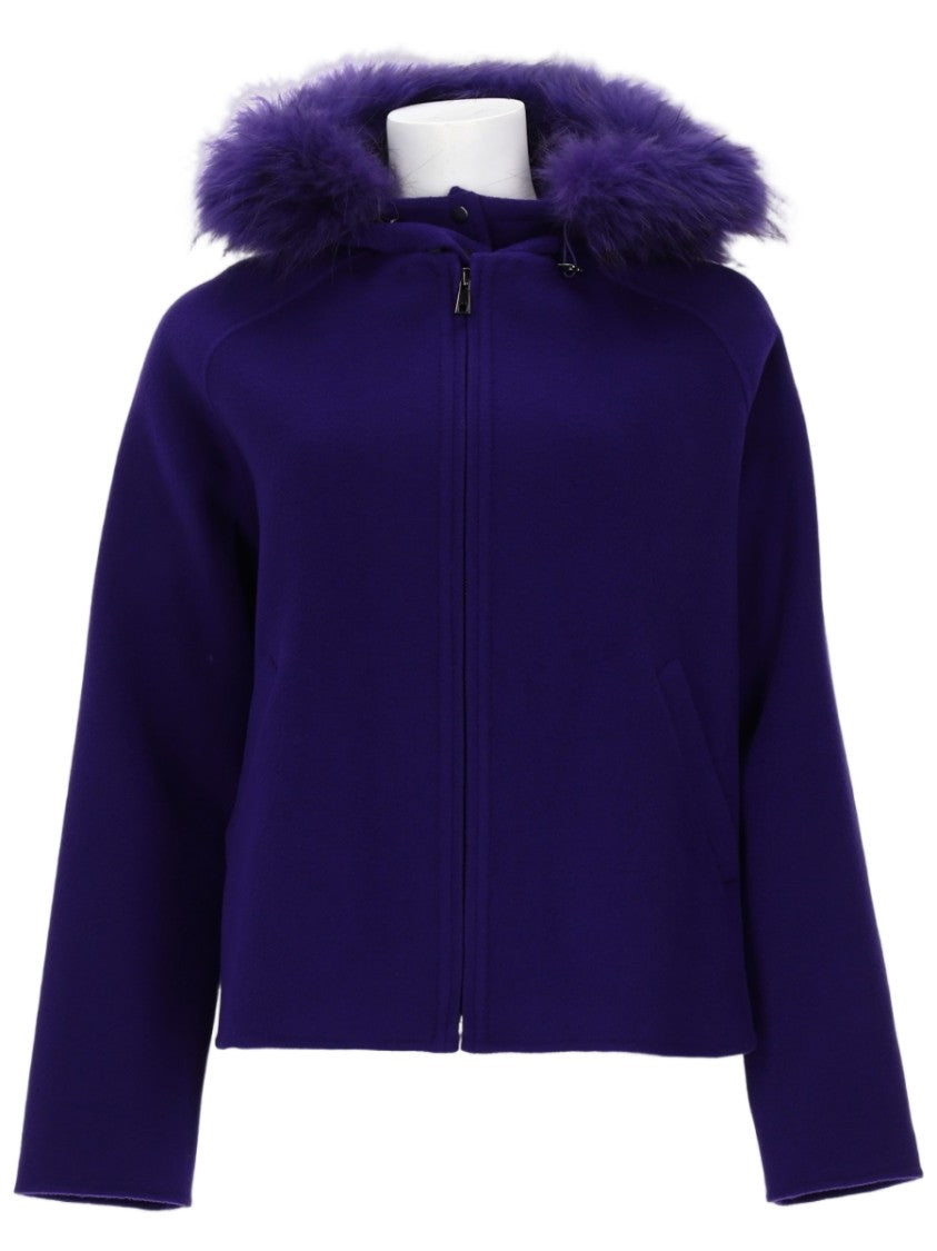 P.A.R.O.S.H. Cropped Deep Purple Jacket With Fluffy Fur Trim