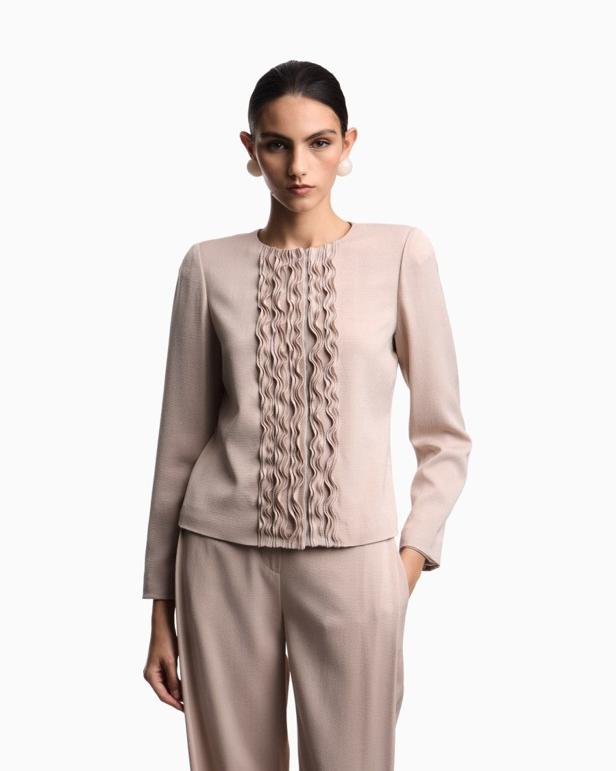 Emporio Armani Textured Weave Fabric Ruffled Fitted Jacket