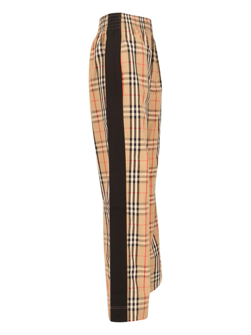 Burberry Beige Cotton Sport Pants With Multicolor Check Pattern And Contrast Stripes
