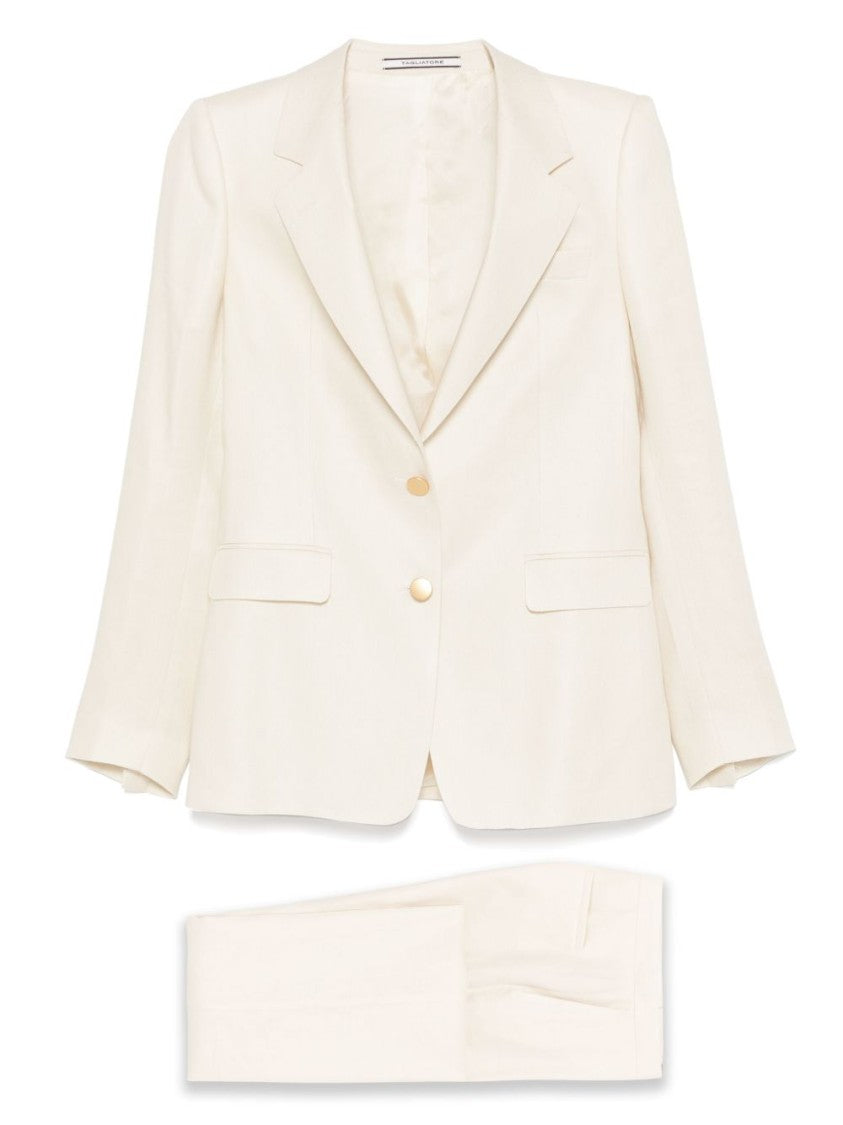 Tagliatore Ecru Linen Tailored Suit With Wide-Leg Trousers