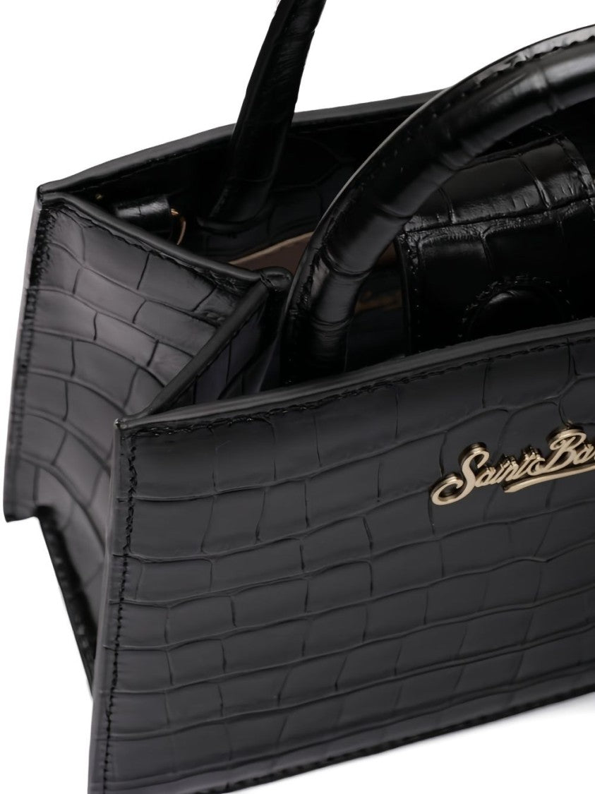 Mc2 Saint Barth Structured Black Embossed Crocodile Handbag With Gold-Tone Logo And Detachable Strap