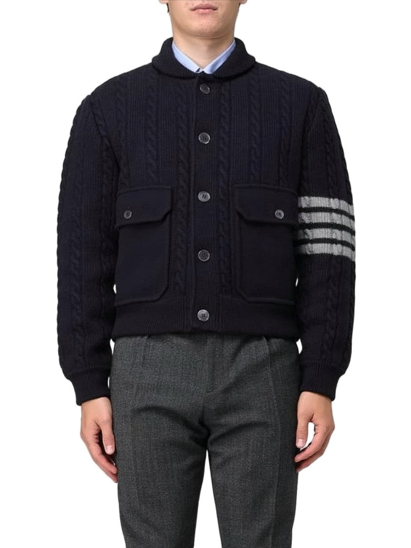 Thom Browne Navy Blue Cable-Knit Jacket With Button-Up Front