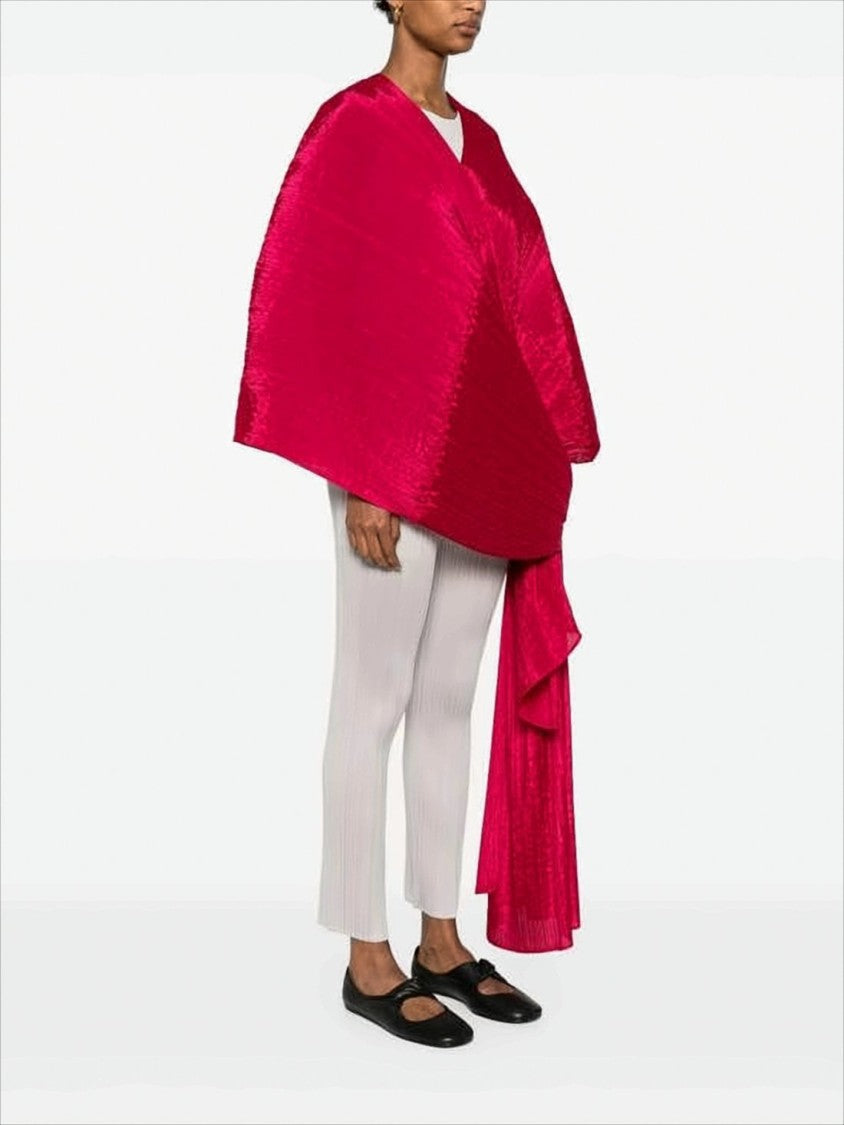 Pleats Please Asymmetrical Red Pleated Cape With Dynamic Silhouette