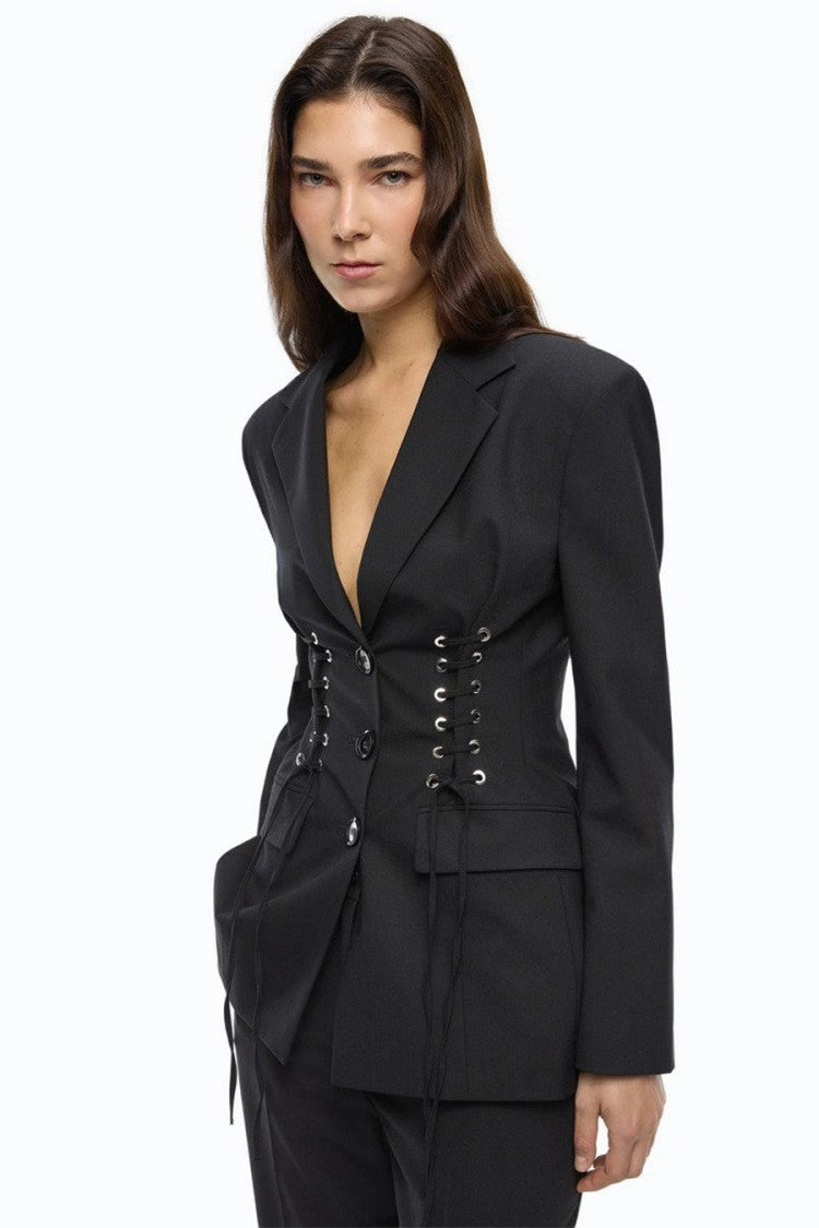 Pinko Black Polyester-Wool Blend Lace-Up Blazer