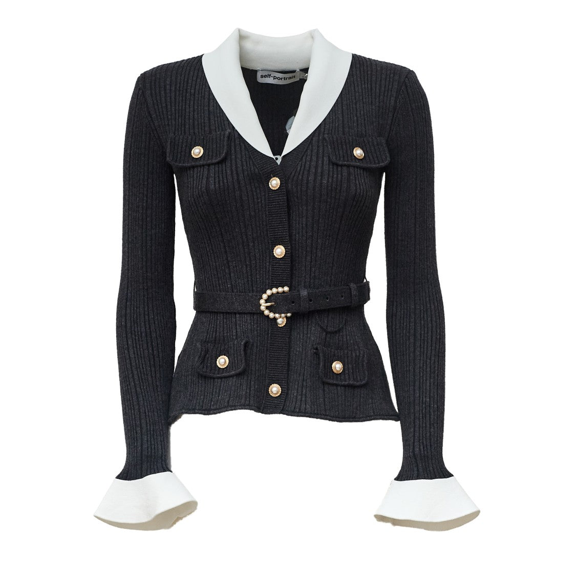 Self-Portrait Ribbed Knit Cardigan With Contrasting Collar And Pearl Accents