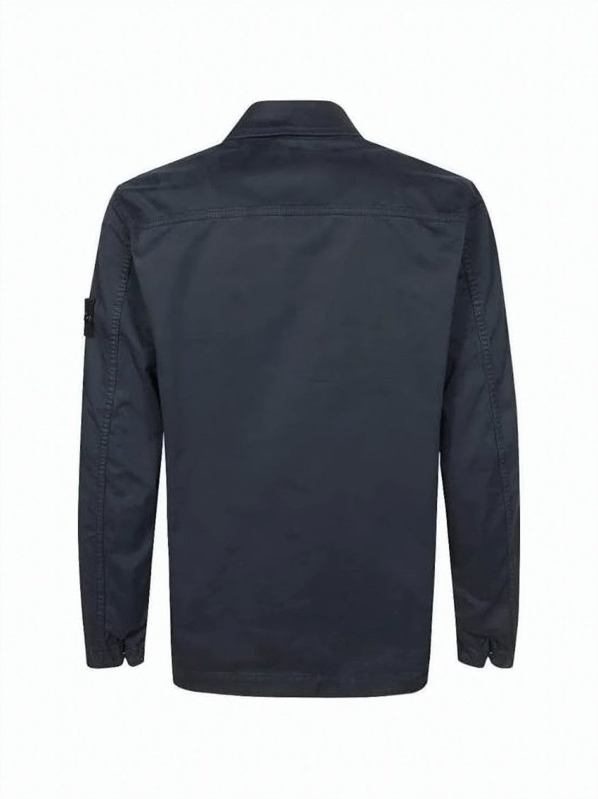 Stone Island Structured Blue Cotton Jacket With Classic Collar