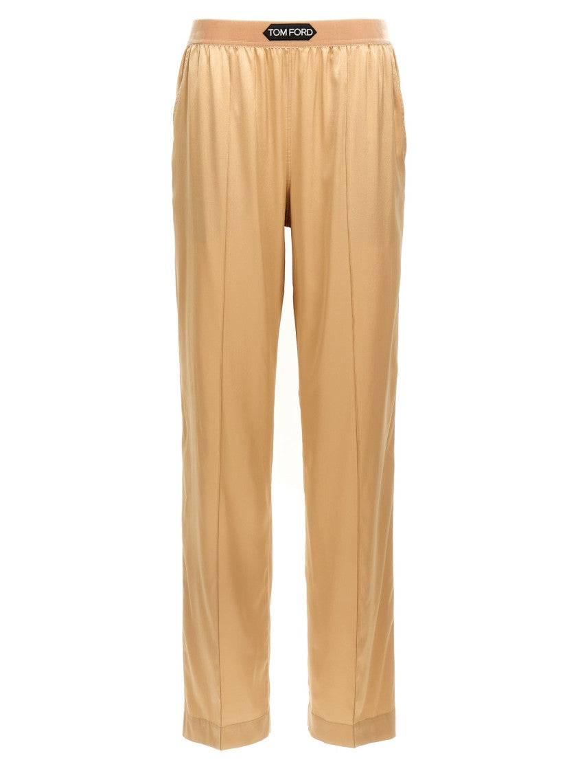 Tom Ford Straight-Leg Pajama Style Silk Pants With Velvet Logo Waistband