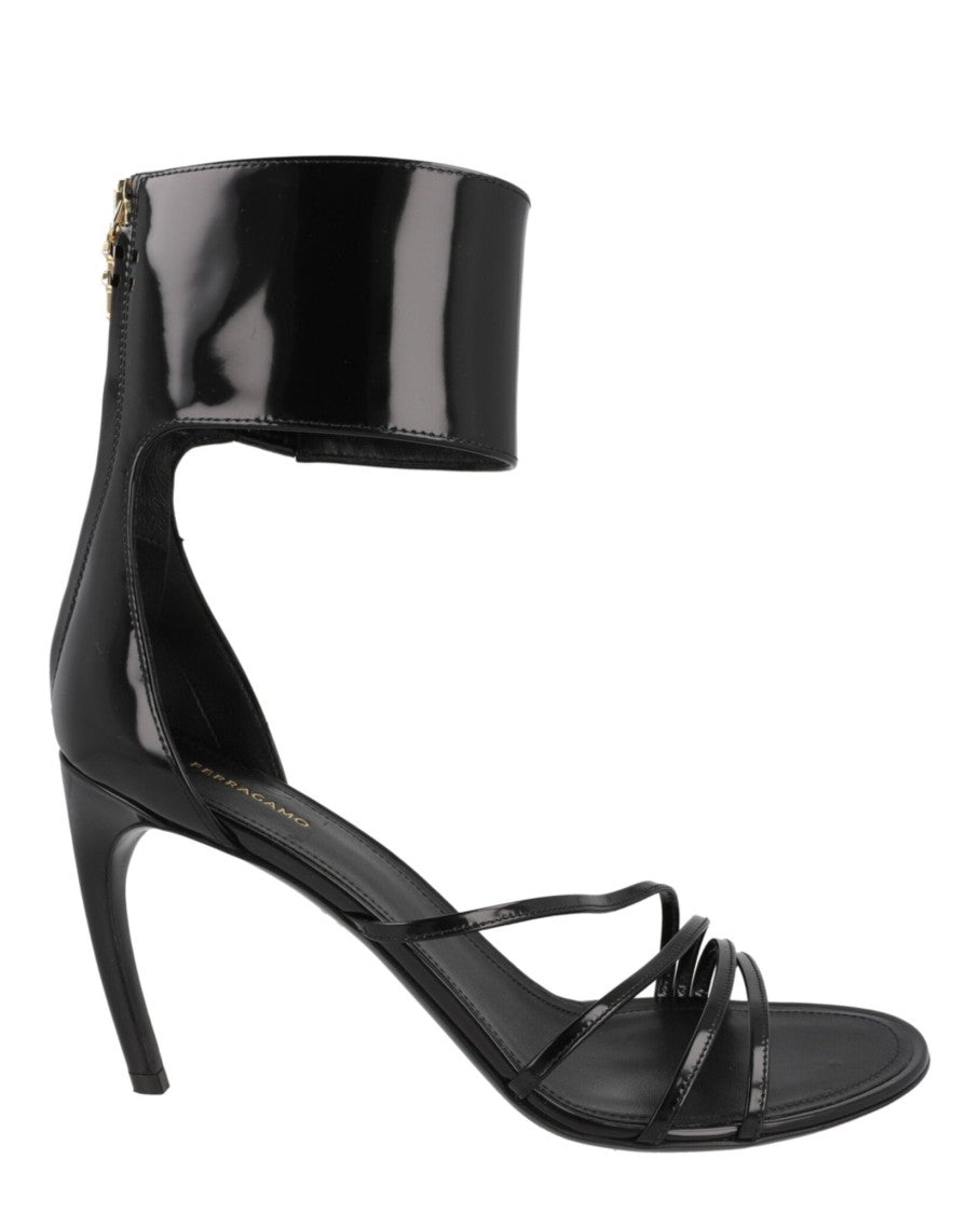 Ferragamo Clethra 85 Patent Leather Heel Sandals With Gold-Tone Accents