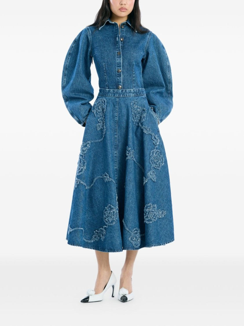 Rotate Flared Blue Midi Skirt With Intricate Floral Embroidery