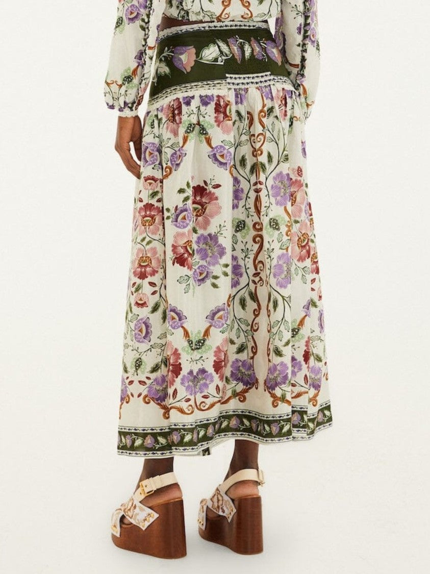 Farm Rio Multicolor Wide Floral-Trimmed Midi Skirt