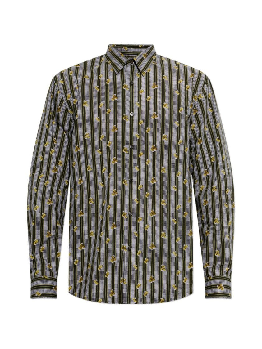 Dries Van Noten Vertical Striped Casual Shirt With Floral Accents