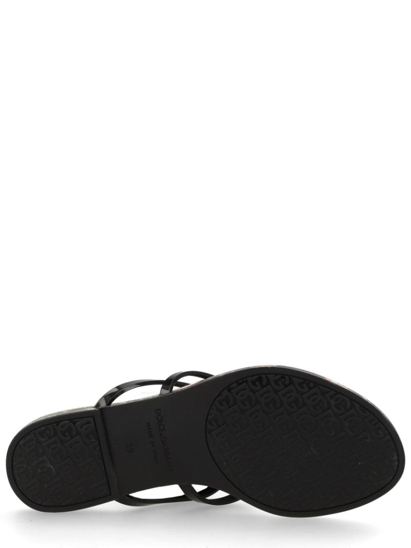 Dolce & Gabbana Black Floral Print Plaque Strap Tpu Sandals