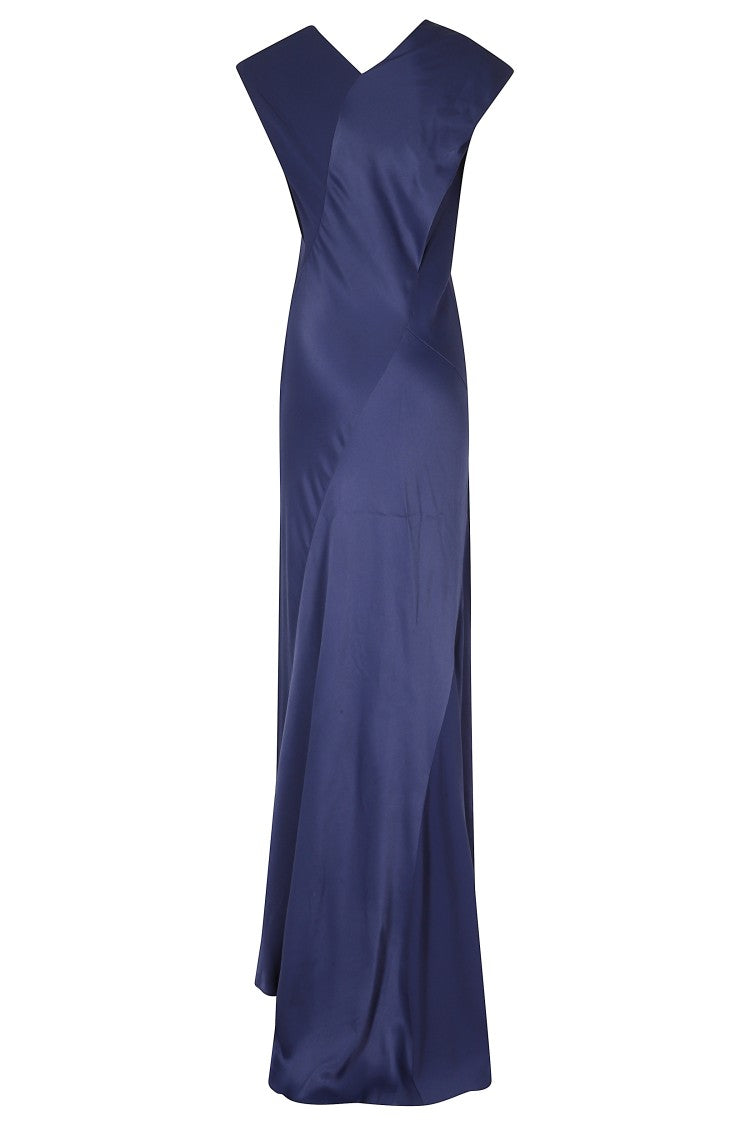 Alberta Ferretti Blue Asymmetric Cowl Neck Viscose Satin Maxi Dress