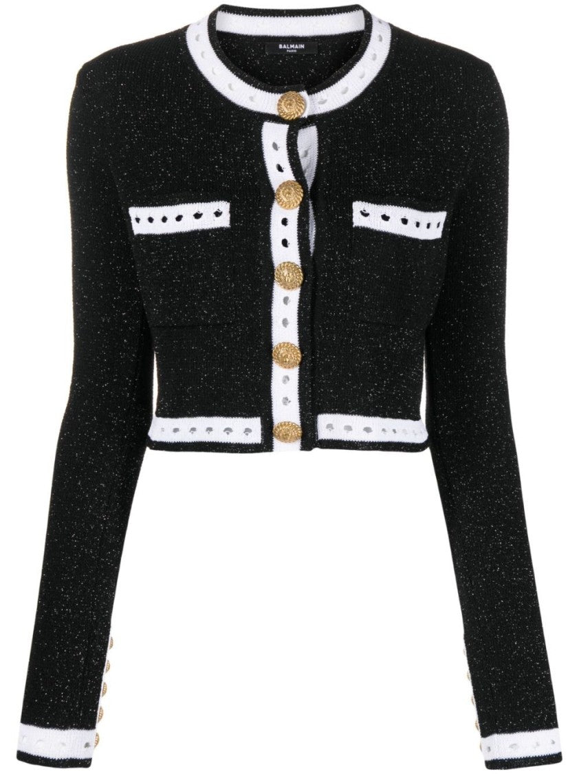 Balmain Cropped Lace Knit Cardigan With Decorative Accents