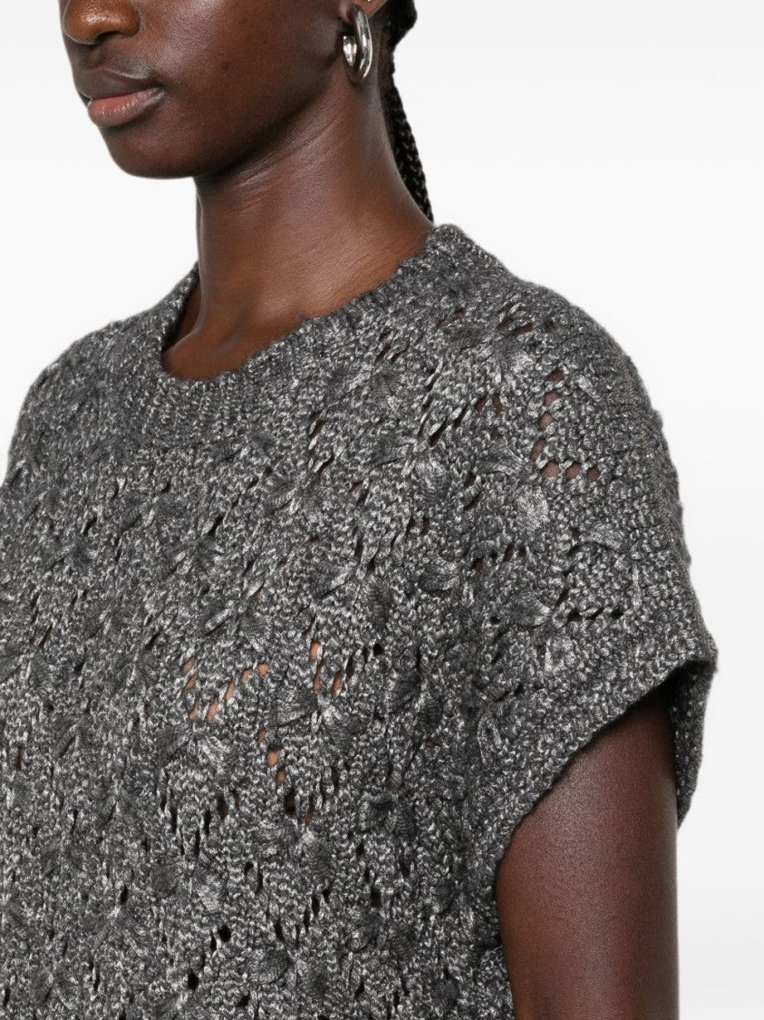 Fabiana Filippi Grey Boxy Textured Knit Short Sleeve Sweater
