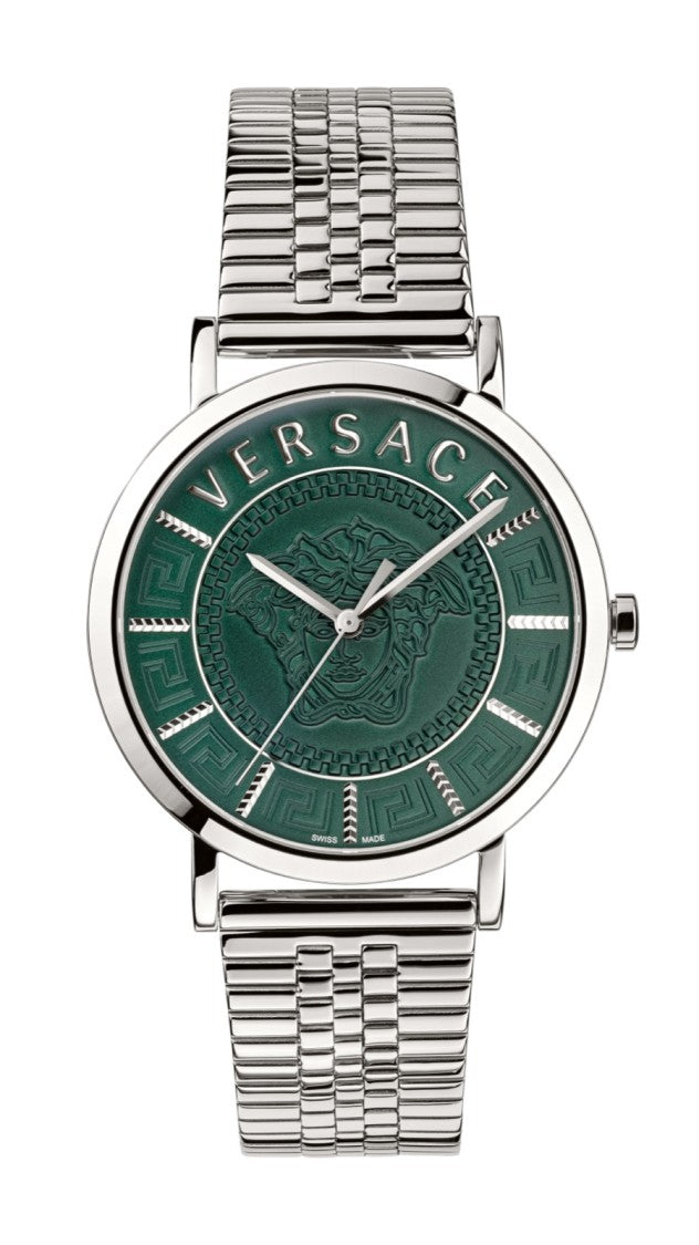 Versace Oval Dial Timepiece With Medusa Embossing And Polished Steel Case